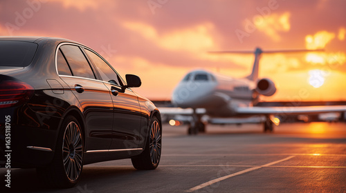 View of black luxury limousine car with private white jet in the background at the airport, private luxury escort. sunset