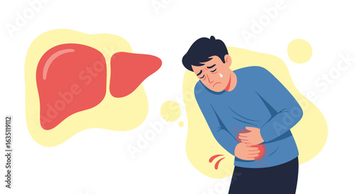 An illustrative depiction of a man suffering from severe abdominal pain, likely related to a liver condition, highlighting health issues.