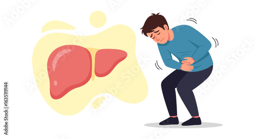 Illustration of a man experiencing liver pain, with a graphic representation of the liver shown beside him, depicting discomfort and illness.