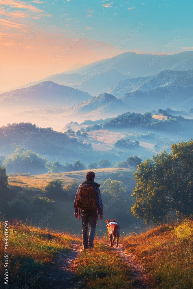 Obraz premium Man and dog hiking scenic misty mountains