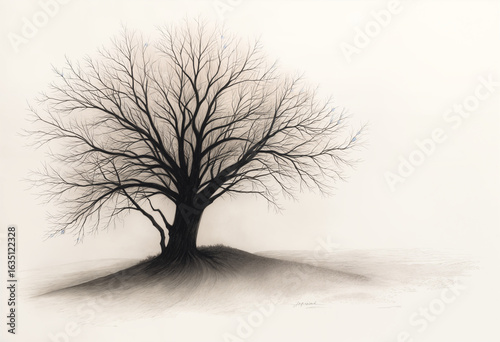an autumn tree without leaves, pencil drawing