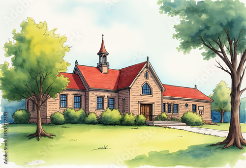 watercolor drawing of the school