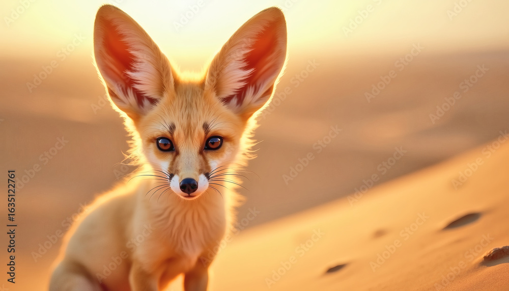Fototapeta premium Majestic Fennec Fox in Golden Desert Habitat – Stunning Wildlife Photography, High-Resolution 8K Stock Image, Perfect for Commercial Use