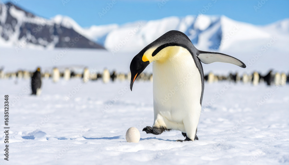 Fototapeta premium Emperor penguin showing nurturing care for an egg on cold snow in Antarctica. colony of wild birds stand on frozen ice with mountain backdrop under blue sky