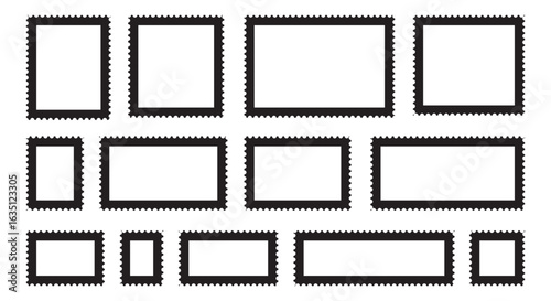 Vintage postage stamp vector frames set with various shapes, including rectangle, oval, and heart, ideal for letters and postcards