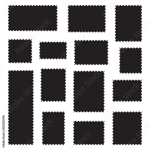 Rectangle shape frame with zig zag edge. Zigzag frame. black squiggle frames set. Postage stamp borders set vector. Wavy edge frame or shape.
