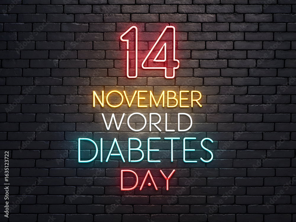 Obraz premium 14 November World Diabetes Day neon text glowing on dark brick wall image
