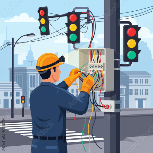 Man repairing traffic light controller on city street for city communications. Traffic light system demands careful maintenance and expert touch,