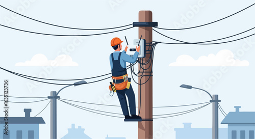 City communications maintenance with worker repairing electrical lines atop utility pole. Electrical worker ensures ongoing city communications by repairing damaged or broken wiring above buildings.