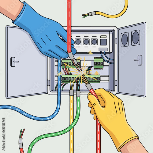 City communications involve electrical work on a utility box with exposed wires. City communications depend on electric connections and wires, shown as gloved hands are making repairs, sparks flying.