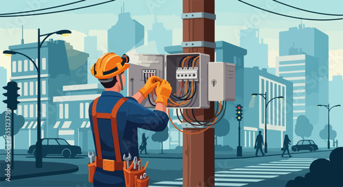 Man working on city communications infrastructure, seen repairing electrical components in an outdoor setting.