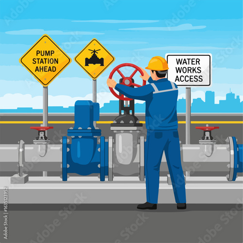 Operator on duty opens water valve system, overseeing industrial pipelines and municipal infrastructure. Water valve system with worker wearing safety helmet managing distribution.