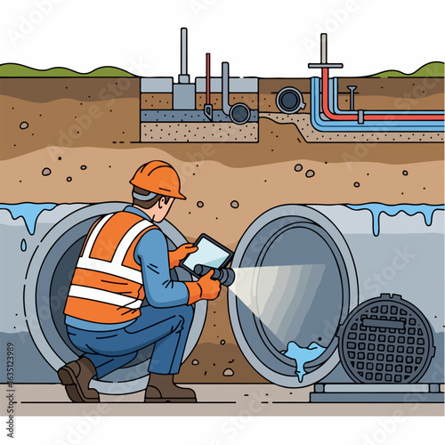 City communications inspection with worker checking sewage pipes with tablet. City communications inspection is for safety and underground piping.