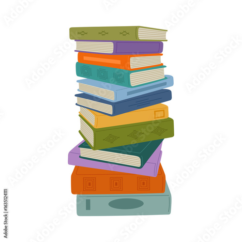 Stack of books in colored cover. Pile fiction literature and textbooks. Education and knowledge concept. Hand drawn vector illustration isolated on white background. Modern flat cartoon style.