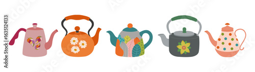 Set of cute colorful kettles. Teapots for hot drinks. Retro style tableware, kitchen utensils. Hand drawn color vector illustration isolated on white background, flat cartoon style.