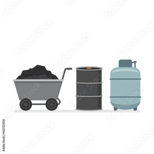 Illustration of a wheelbarrow filled with coal next to oil barrels and a gas tank