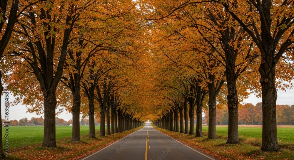 Naklejka premium Golden Autumn Alley: Serene Road Through Vibrant Fall Foliage
