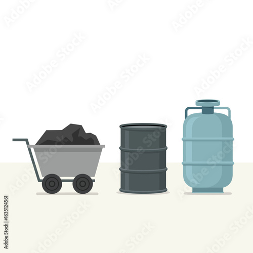 Illustration of a coal cart oil barrel and gas tank
