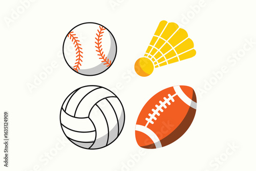 Collection of four different sports balls and shuttlecock