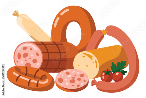 Assortment of delicious sausages and meats on a white background