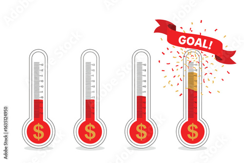 Financial goal thermometer showing progress towards success with confetti and ribbon