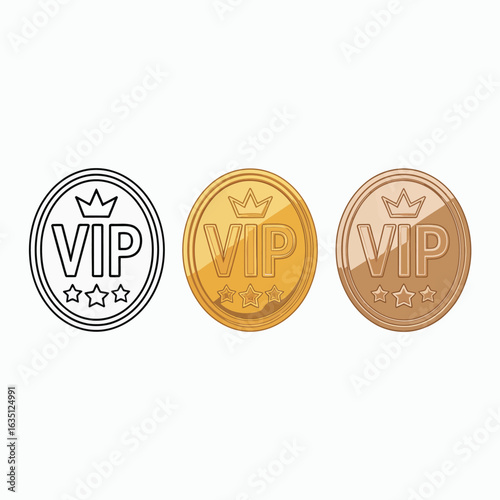 Three circular vip emblems with crowns and stars in outline gold and bronze