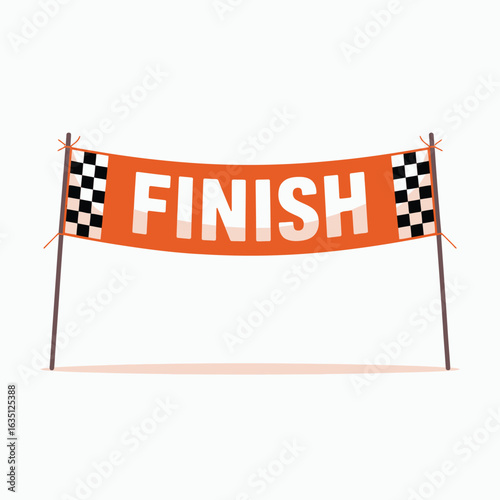Orange finish line banner with checkered flags and the word finish