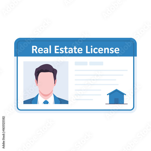 Illustration of a real estate license with agent photo and house symbol