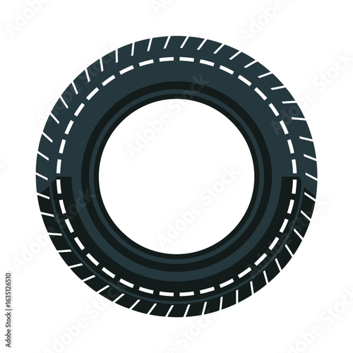 Close up of a black tire with white stitching detail on a white background