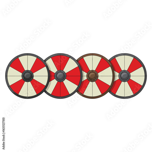 Four viking round shields with red and white pattern