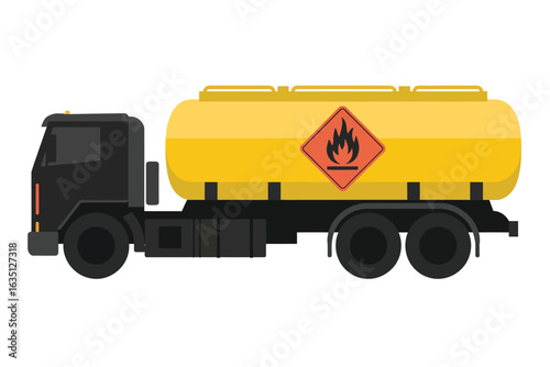 Yellow fuel tanker truck with flammable hazard symbol