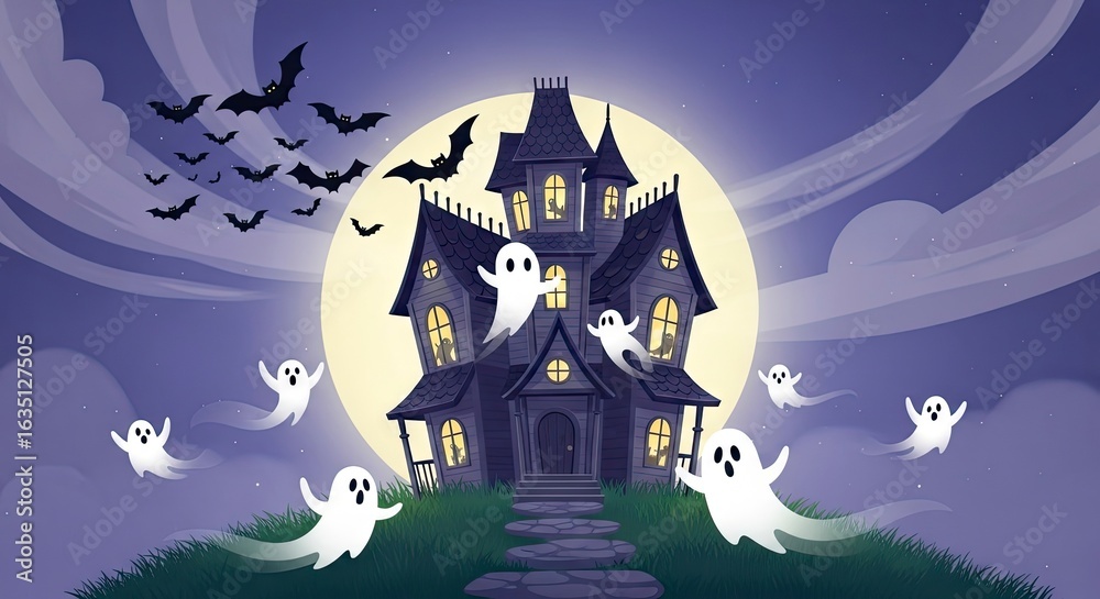 Fototapeta premium A spooky haunted house at night with bats and ghosts
