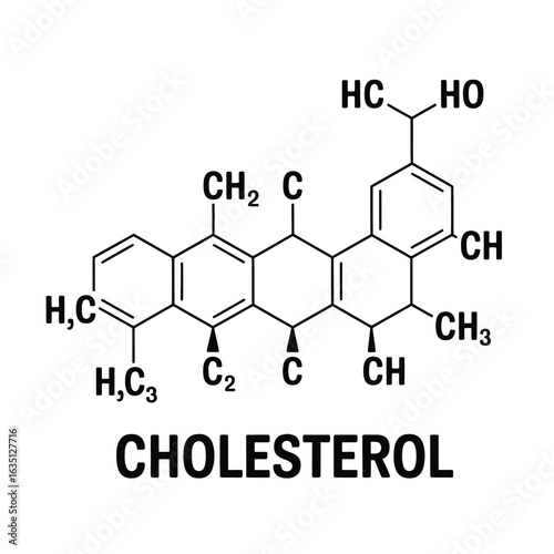 Chemical structure of cholesterol molecule on white background