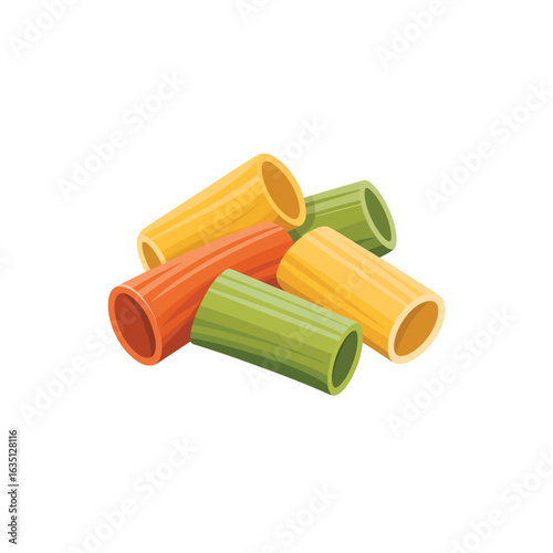 Pile of colorful rigatoni pasta tubes on a white background