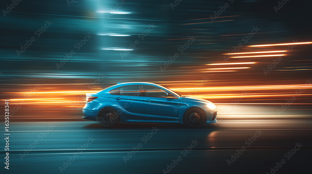 Obraz premium car driving in motion, blue car on high speed. night