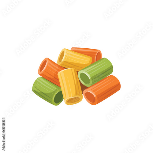 Colorful pasta tubes arranged in a pile on a white background