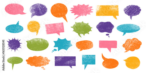 Speech bubbles with crayon texture. Comic grunge dialogue balloon, talk and thought clouds vector set