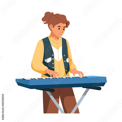Young person playing a blue electronic keyboard on a stand