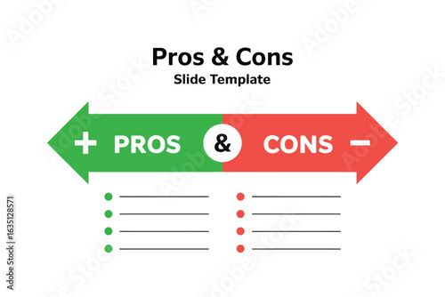 Pros and cons comparison slide template with arrows and bullet points