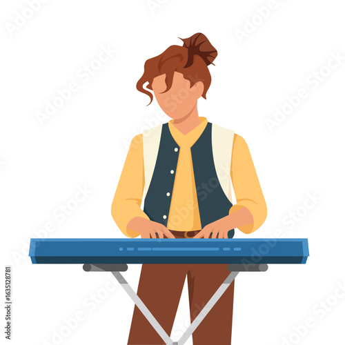 Young person playing a blue electronic keyboard on a stand