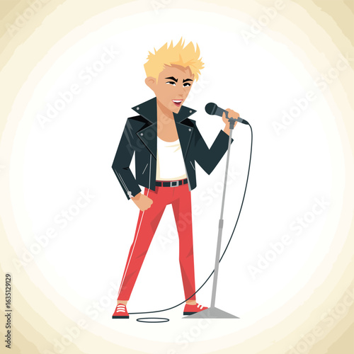Energetic rock star singing into microphone on stage