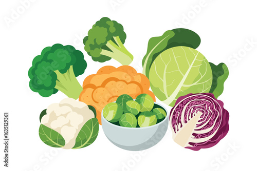 Assortment of fresh healthy brassica vegetables on white background