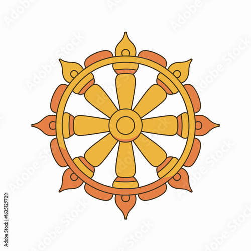 Golden dharma wheel symbol of buddhism and enlightenment
