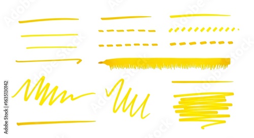 Yellow marker strokes varying in style from solid lines to scribbles arranged on a white background