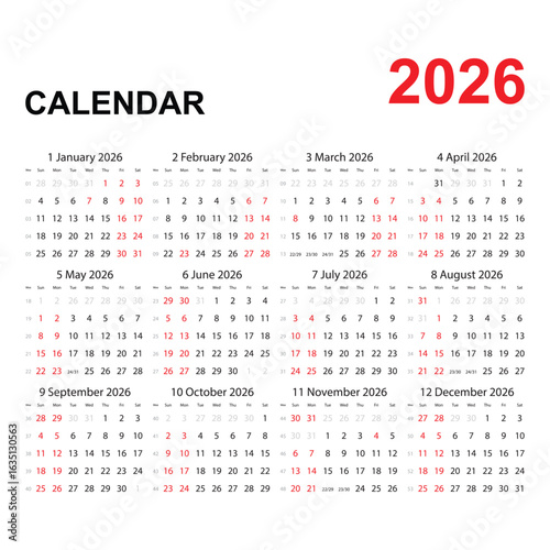 Stock Calendar 2026 – Minimal & Modern Yearly Layout