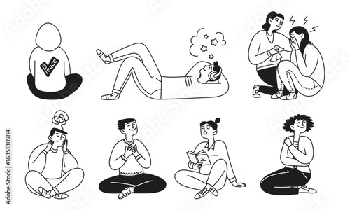 Set of doodle people, happy and sad man and woman. Mental health. Support. Emotion balance. Vector illustration