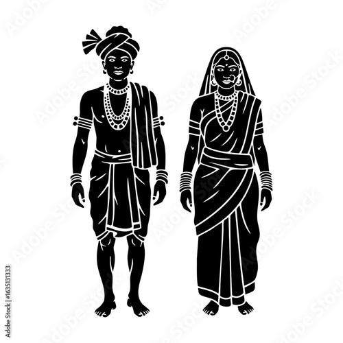 Santhal Tribal Couple Vector - East India Traditional Cultural Attire Logo Design