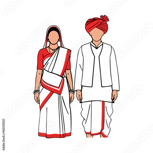Santhal Tribal Couple Vector - East India Traditional Cultural Attire Logo Design