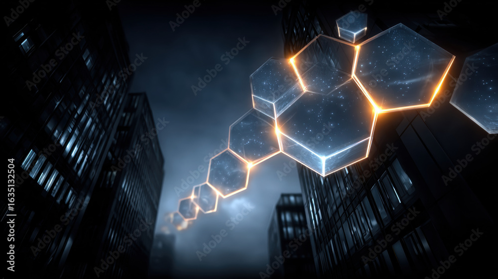 Obraz premium Futuristic hexagonal shapes glowing in cityscape symbolize innovation and technology