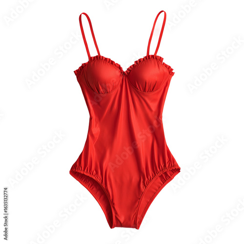 Chic Red Swimsuit: A stylish one-piece swimsuit in a vibrant shade of red. The swimsuit is elegant and fashionable, perfect for a sunny day.